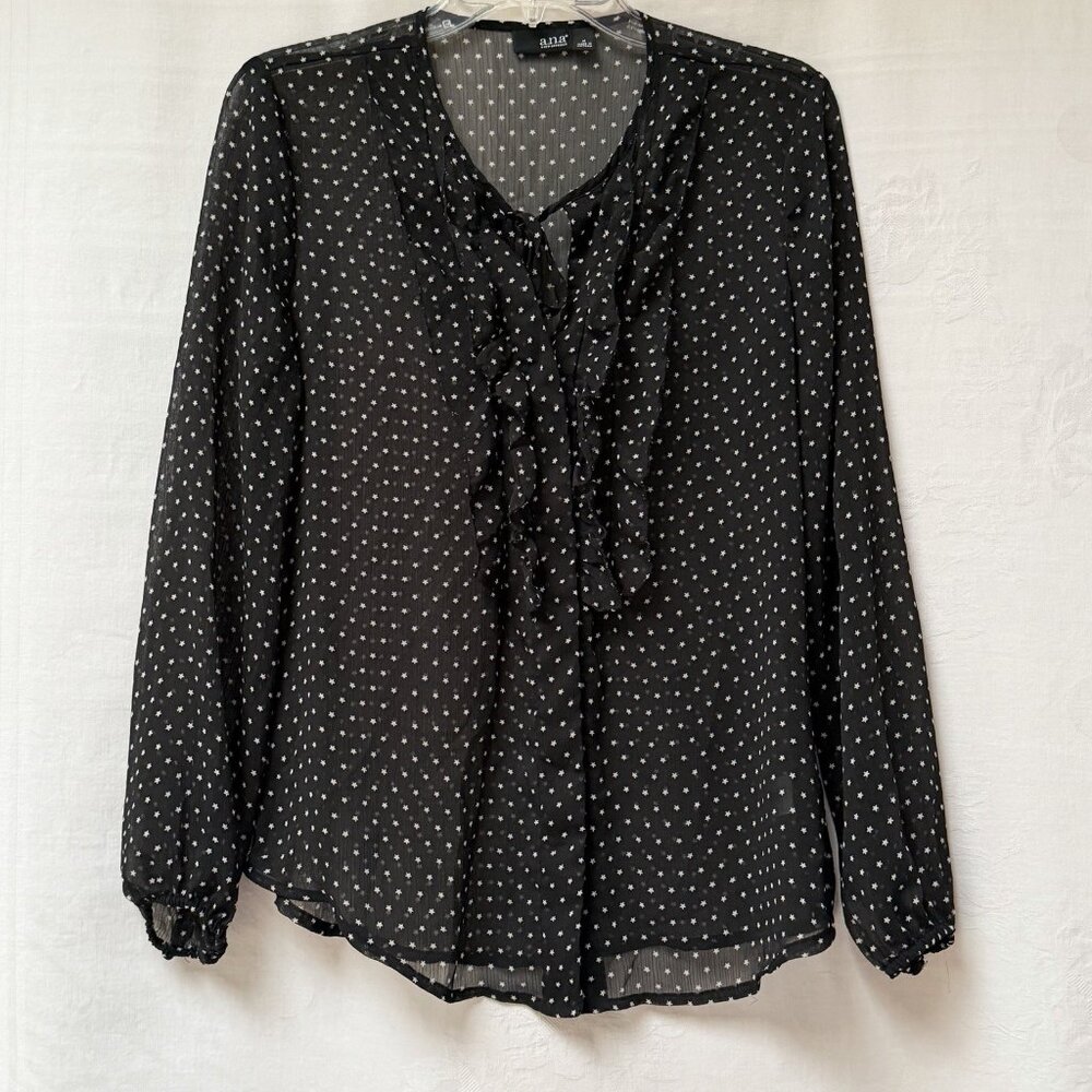 ANA‎ A New Approach Women's Blouse Black White Star Womens Medium Sheer Fairy